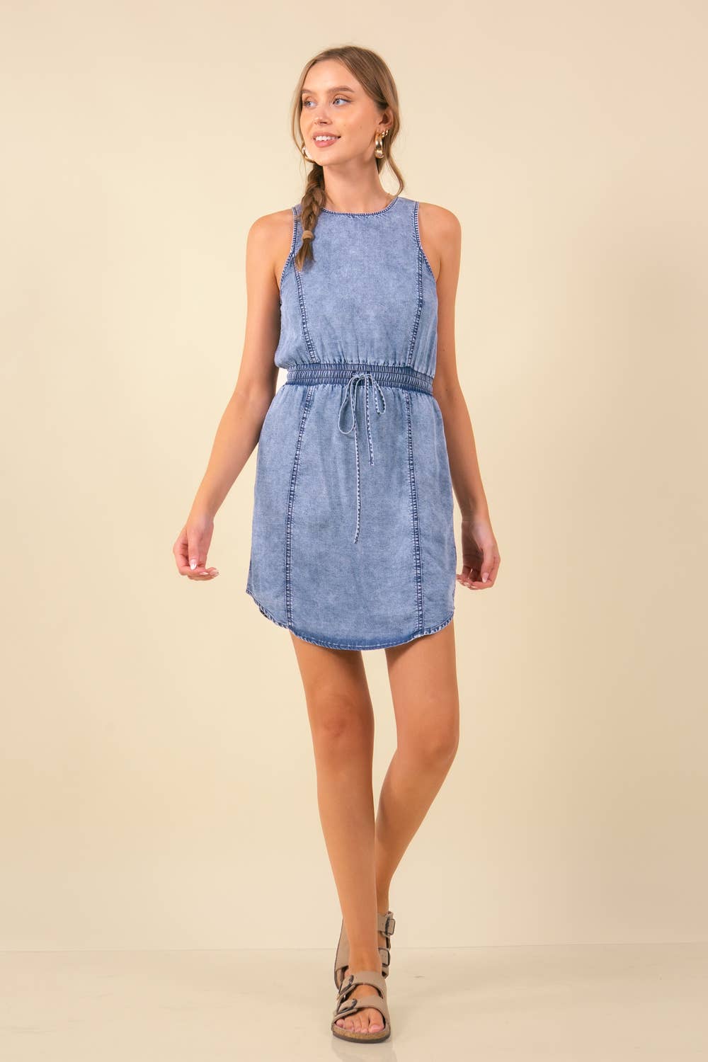 Drawstring Sleeveless Denim Dress