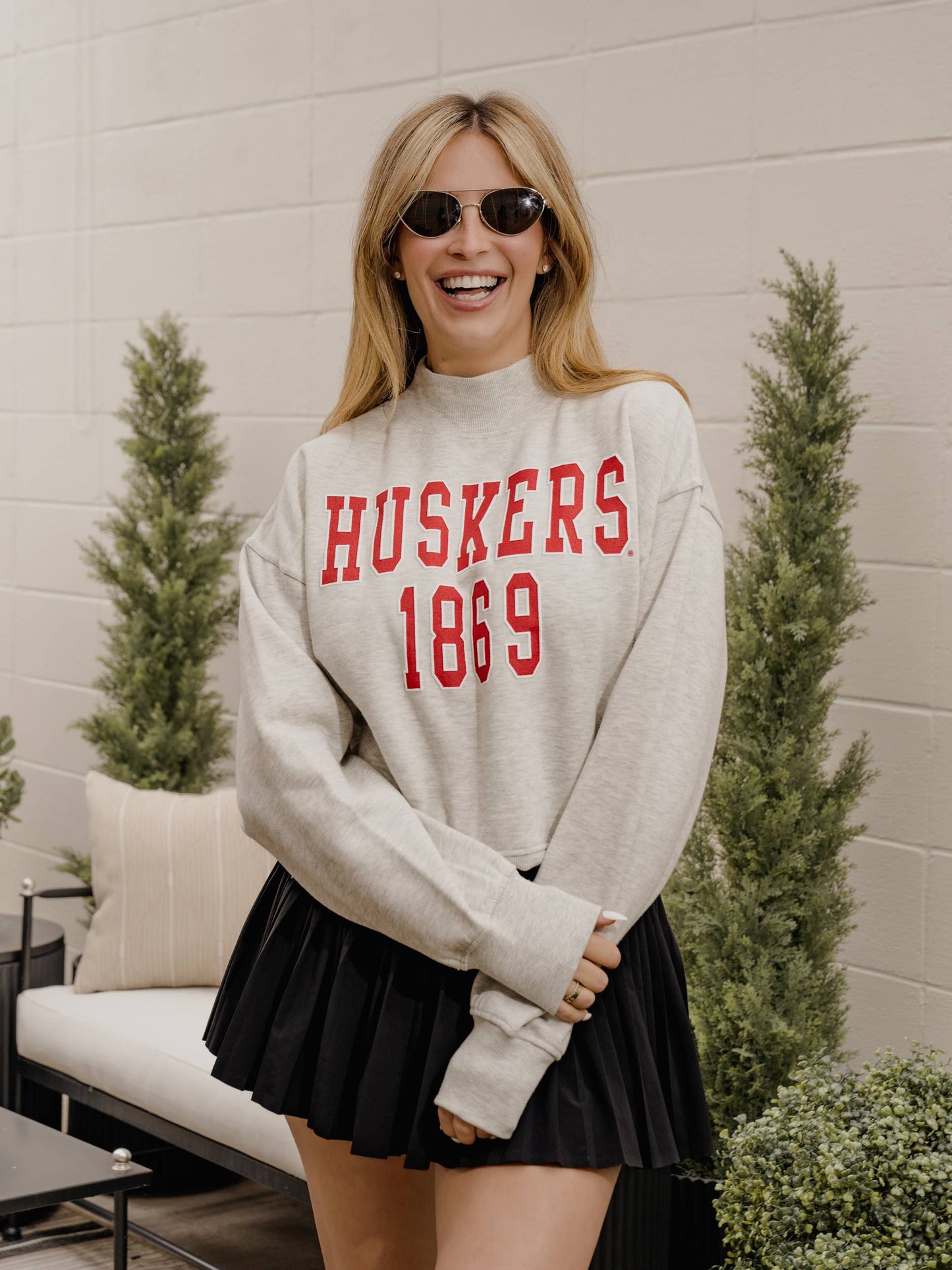 LivyLu - Huskers College Block Puff Ink Gray Mock Neck Sweatshirt