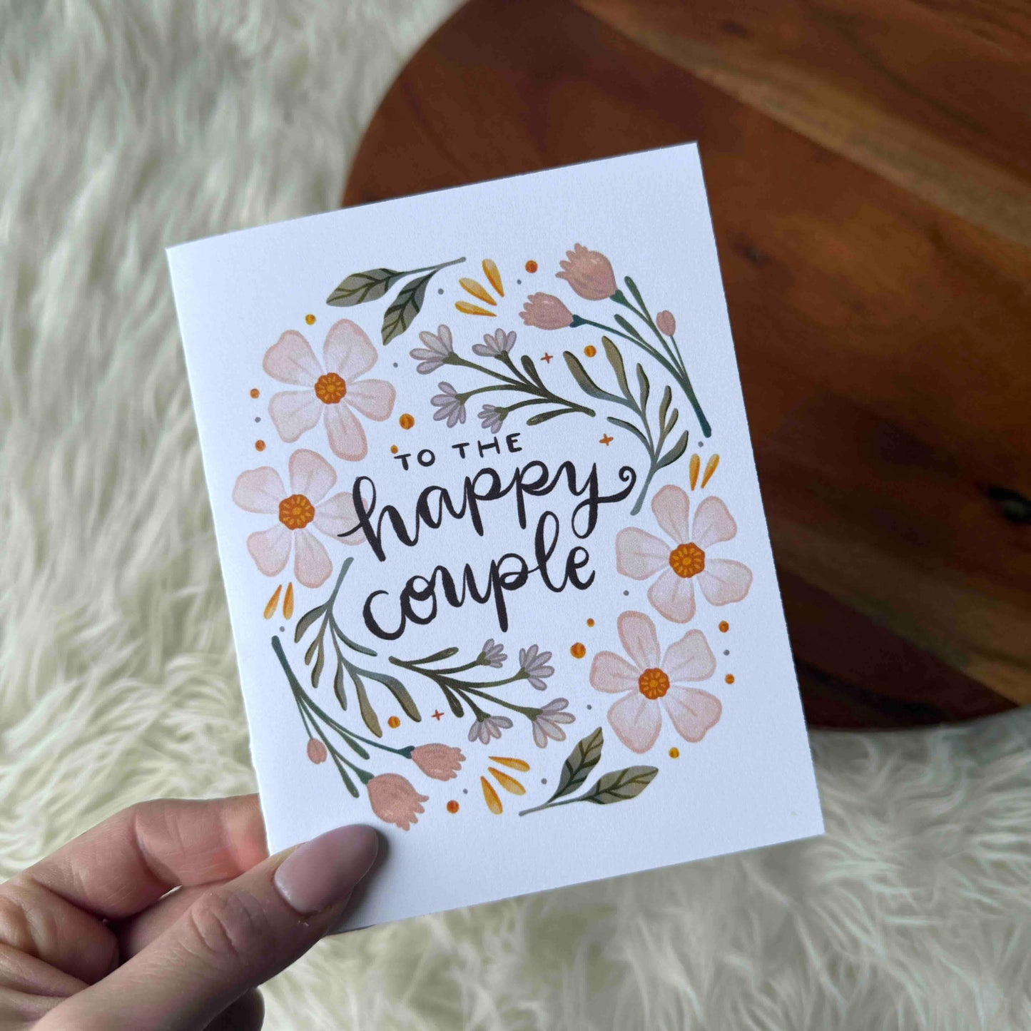 Big Moods - "To the happy couple" Pink Florals Cursive Text Wedding Card