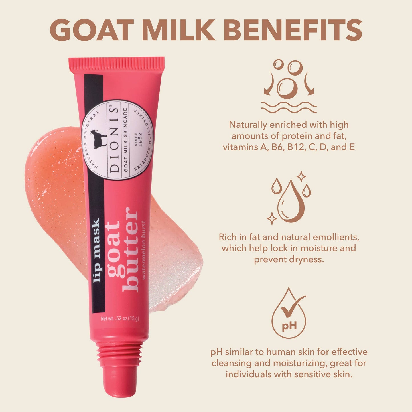 Dionis Goat Milk Skincare - Dionis Watermelon Burst Goat Butter Lip Mask, .52 oz.