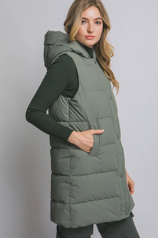 Olive Hooded Long Quilted Puffer Vest