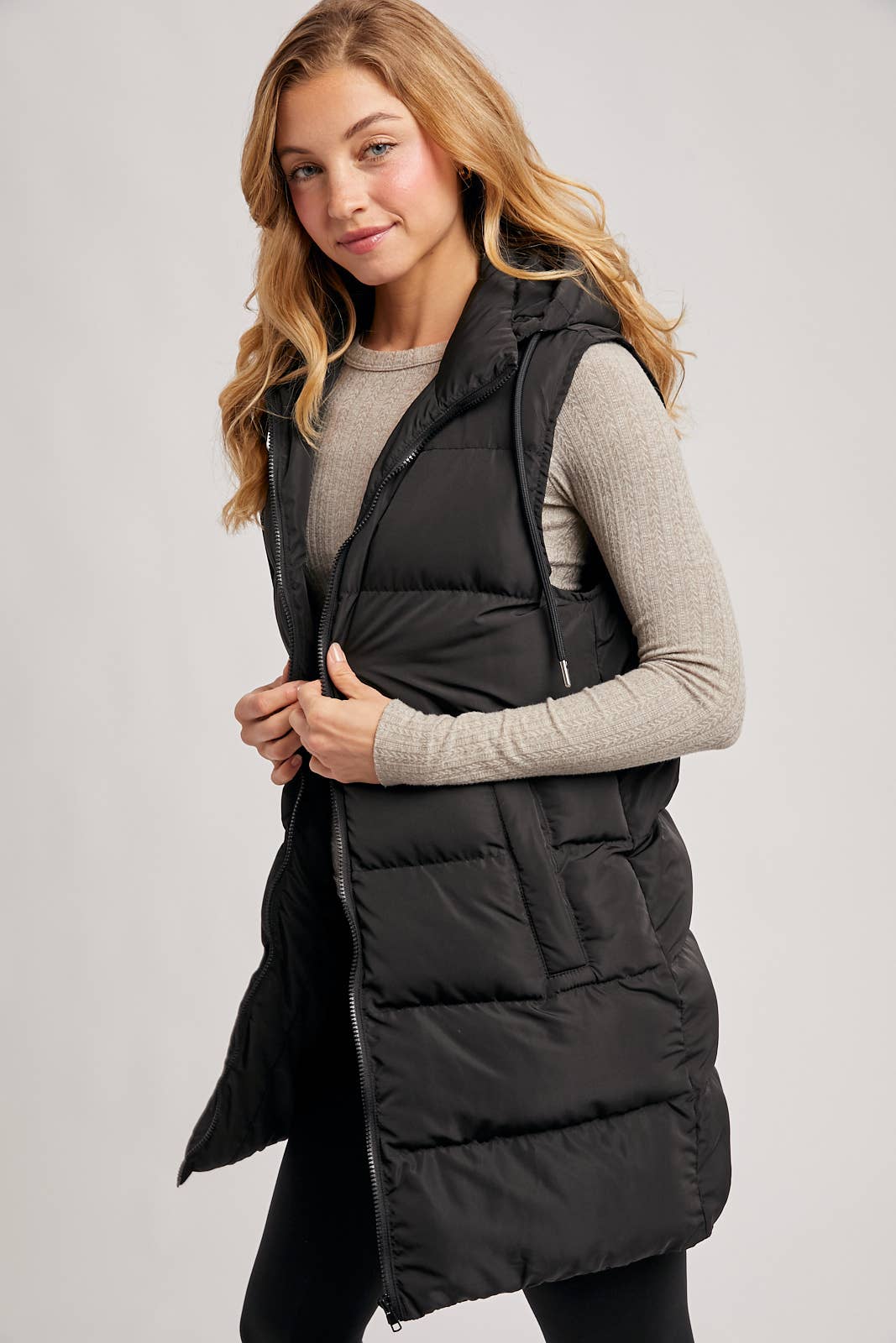 Hooded Down Long Line Puffer Vest