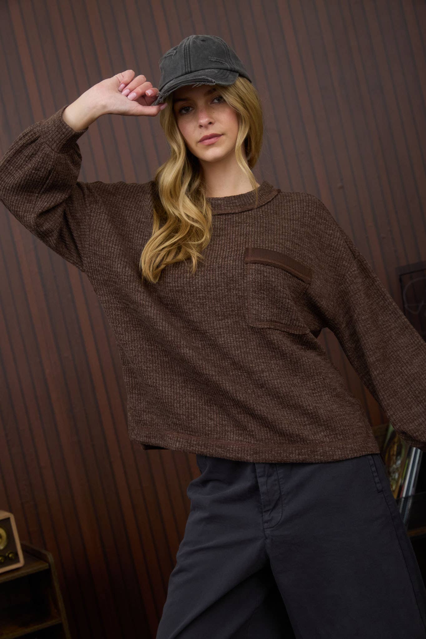 Joa Maroon Pocket Ribbed Sweater