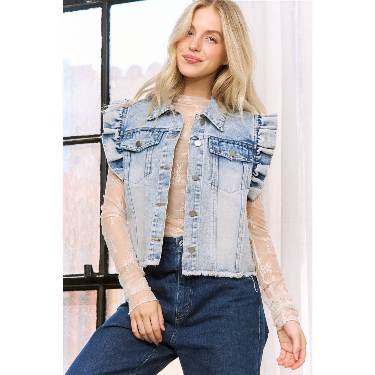 Sweet Generis - DENIM WASH VEST JACKET with ARMHOLE RUFFLE DETAILS