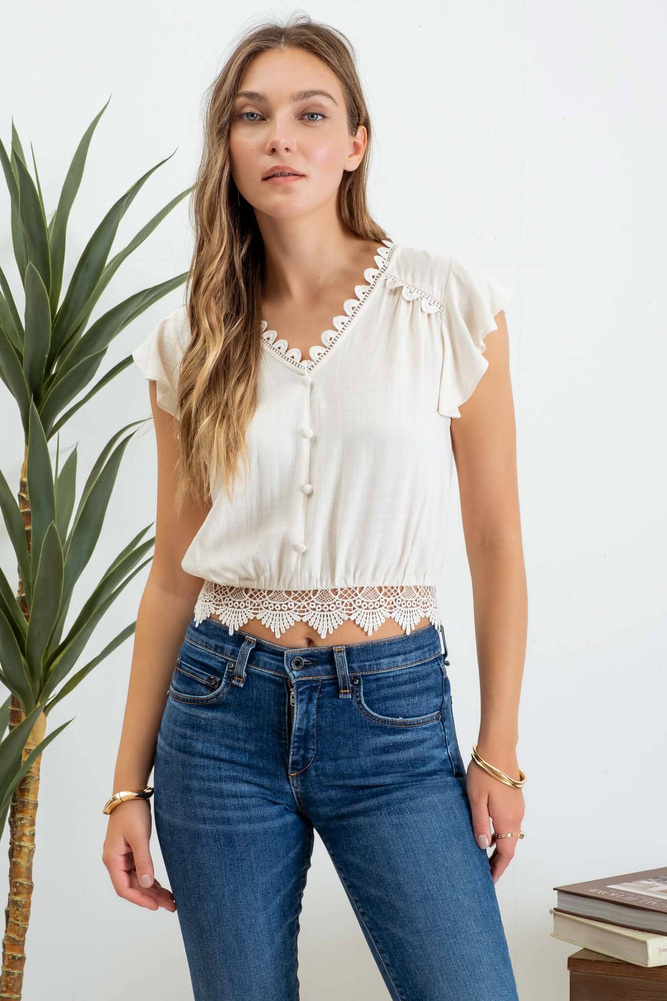 Cream Lace Trim Back Crop Top