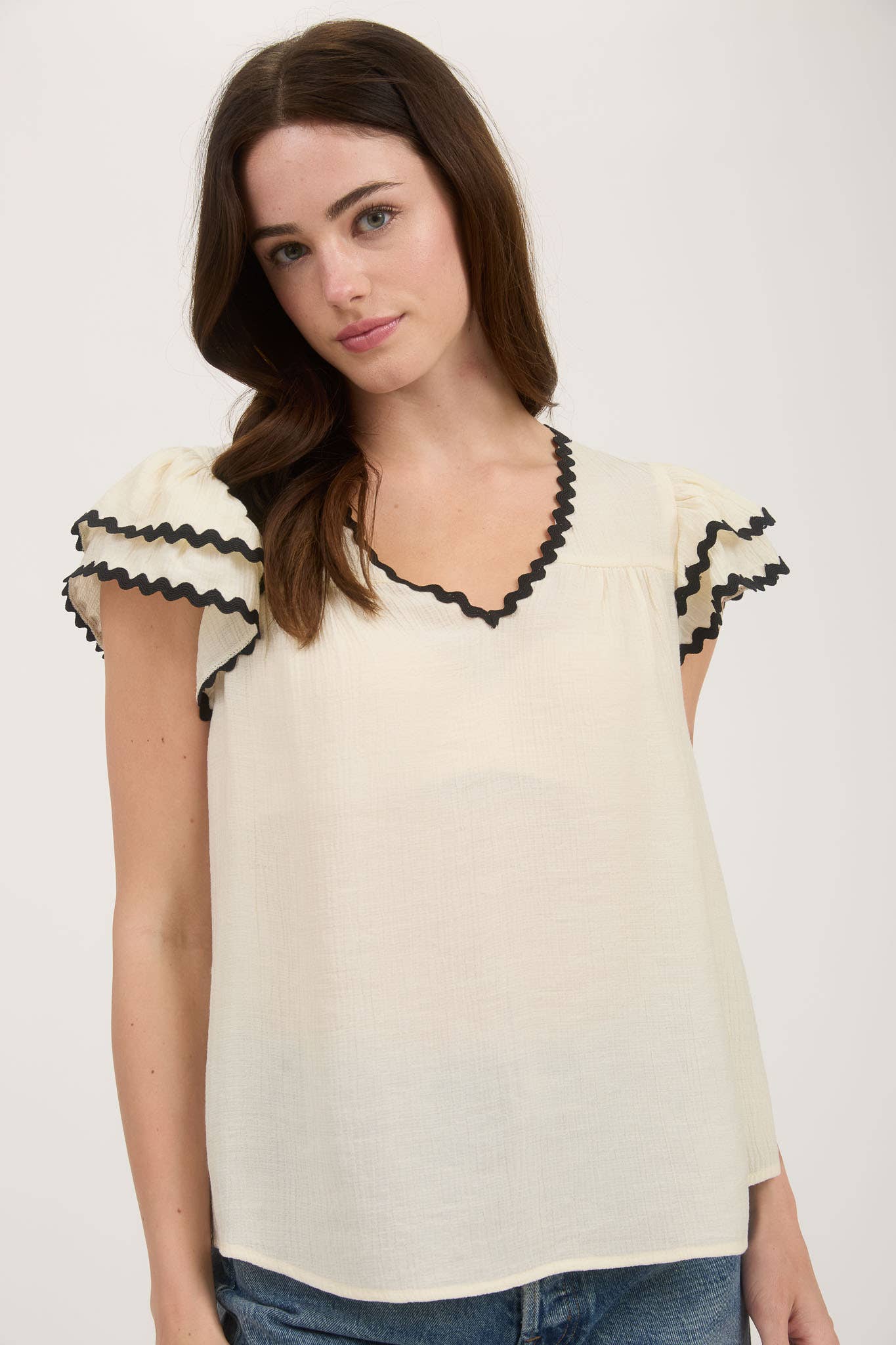 Vneck Wavy Trim Ruffle Sleeve Top