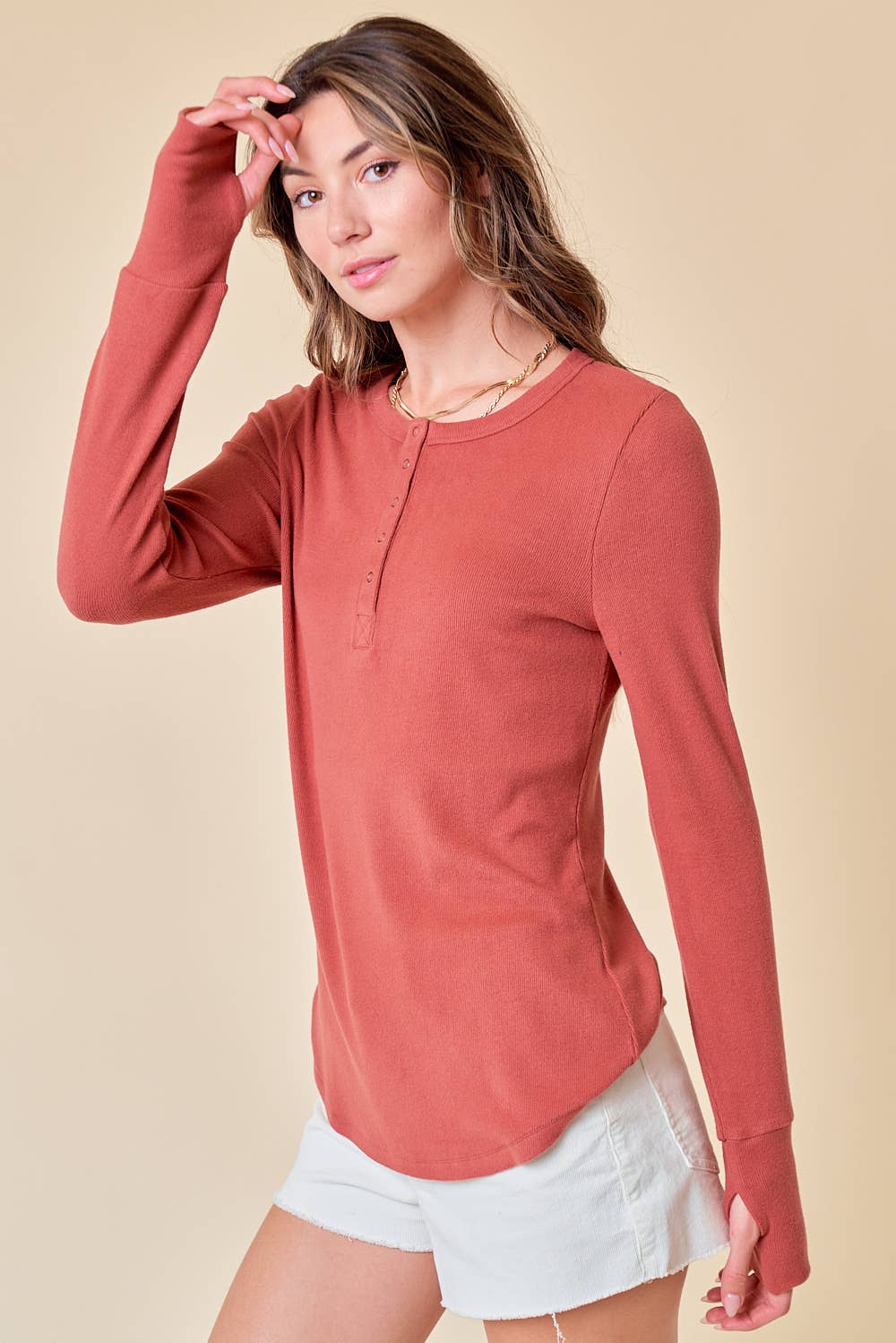 Brushed Rib Henley Top in Rosewood