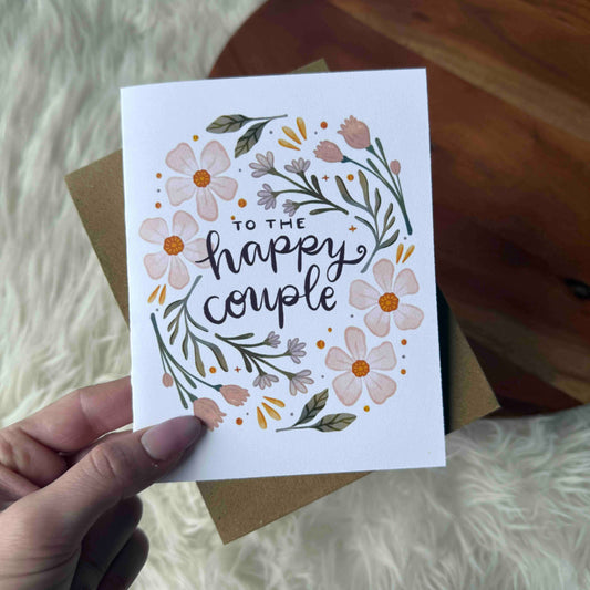 Big Moods - "To the happy couple" Pink Florals Cursive Text Wedding Card