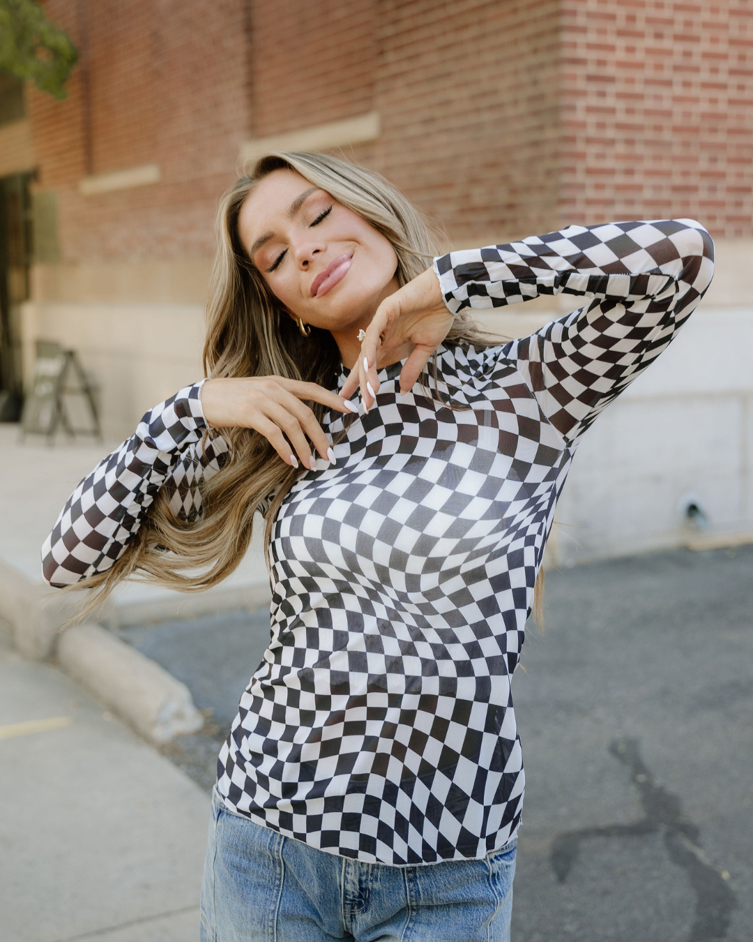 Indie & Co.-Checkered Mesh Long Sleeve Top