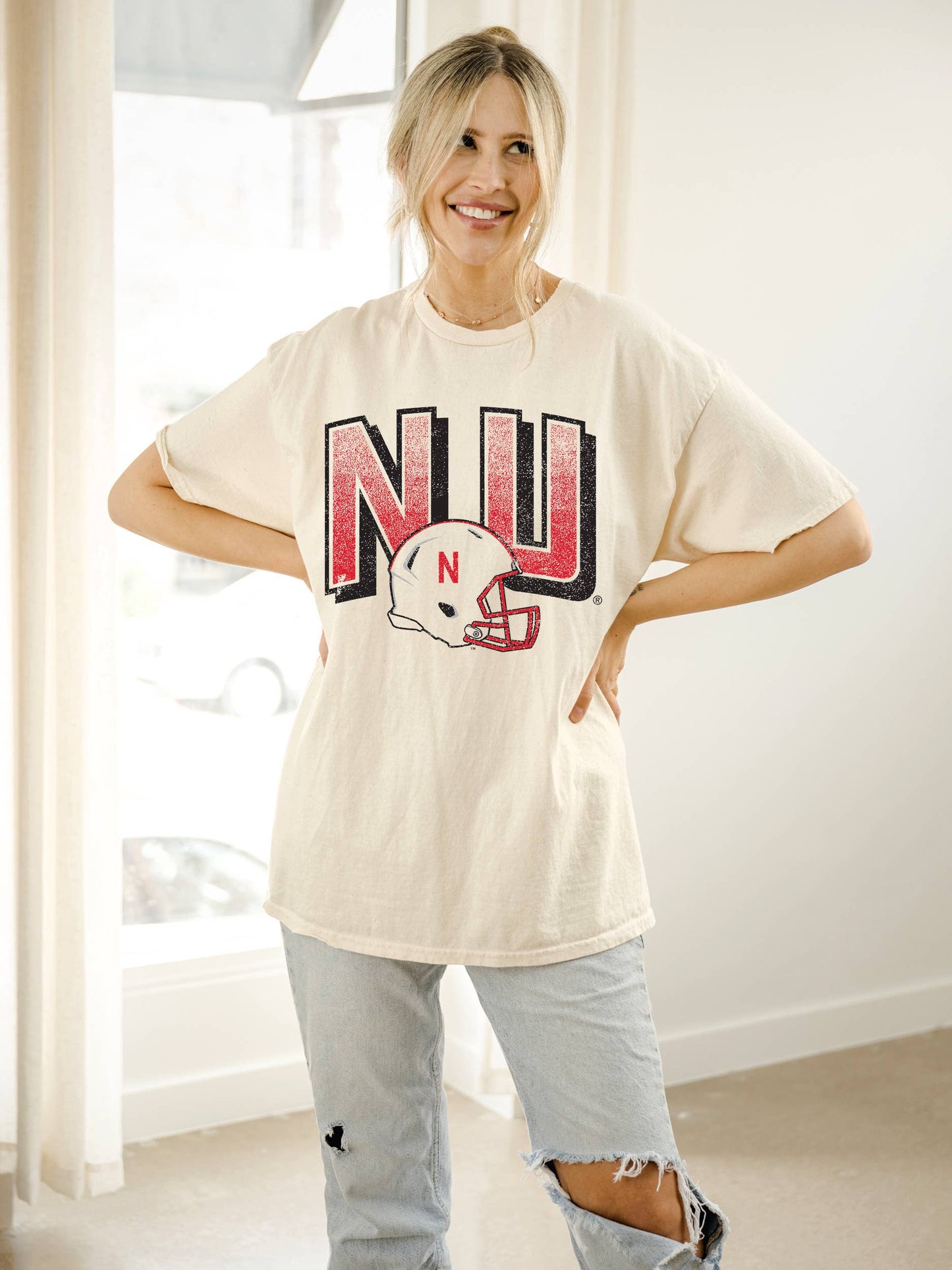LivyLu - Nebraska Huskers Helmet Fade Off White Thrifted Tee