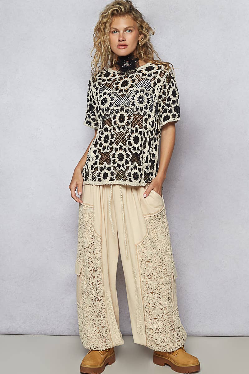 Round Neck Short Sleeve Crochet Knit Top