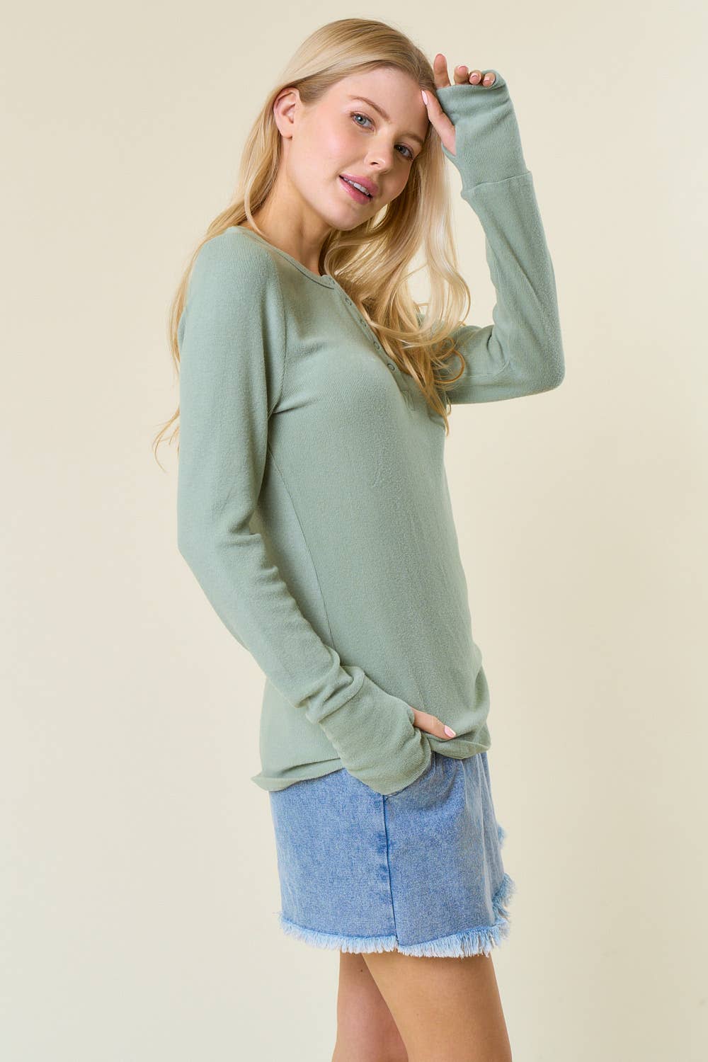 Doe & Rae Brushed Rib Henley Top Sage