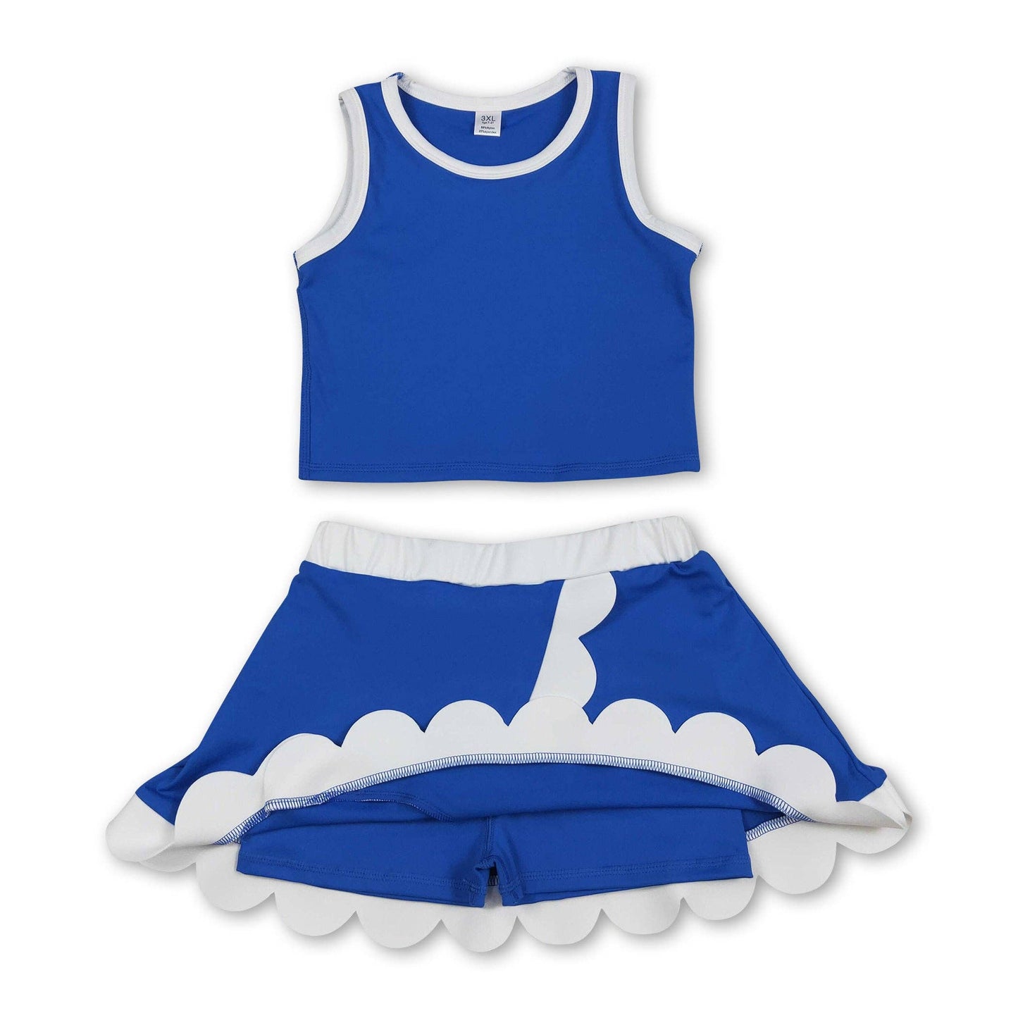 Yawoo Garments - Sleeveless blue white scallop girls team active wear set