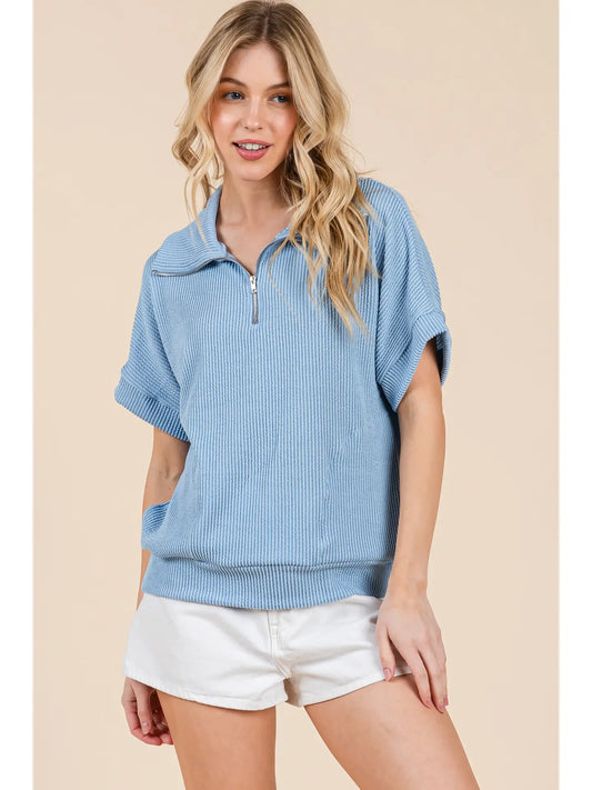 Light Blue Ribbed Quarter Zip