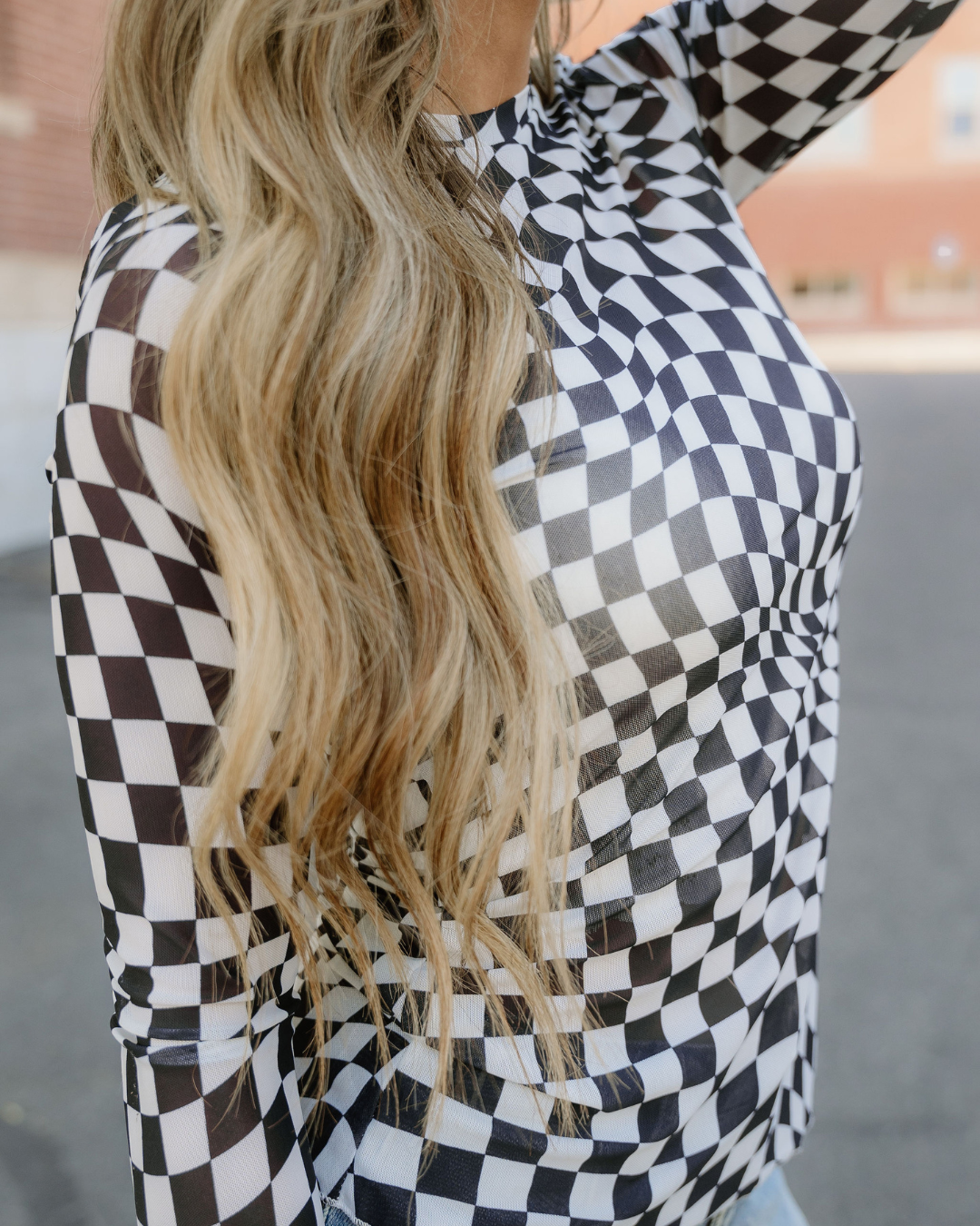 Indie & Co.-Checkered Mesh Long Sleeve Top