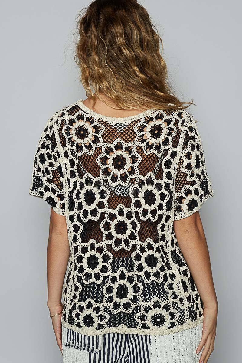 Round Neck Short Sleeve Crochet Knit Top
