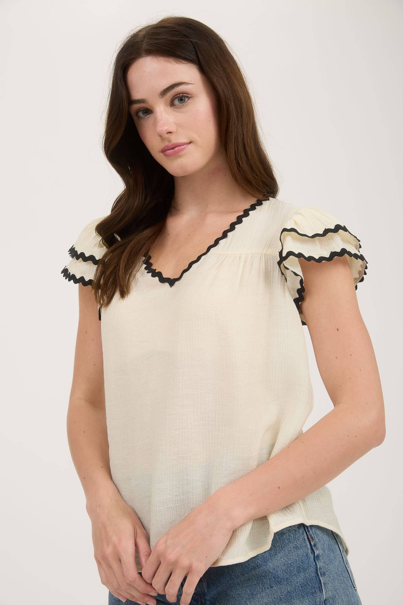 Vneck Wavy Trim Ruffle Sleeve Top