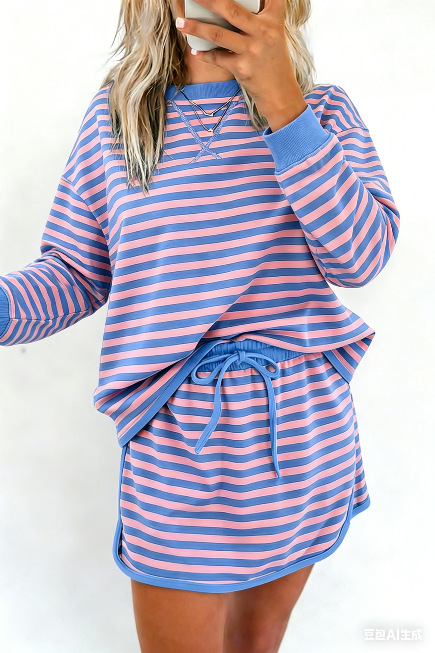 Colorblock Striped Short Sleeve Top/Skirt Set