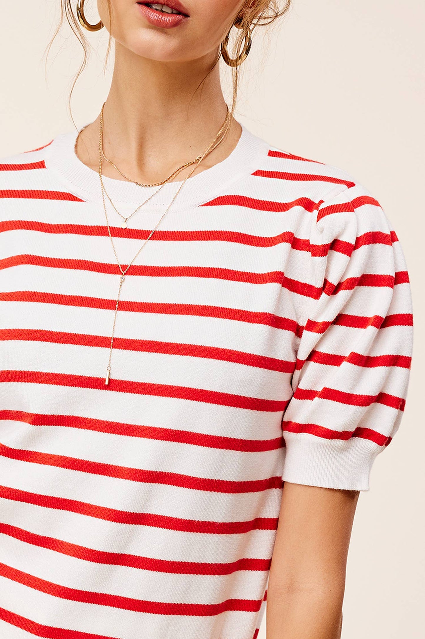 Puff Short Sleeve Stripe Knit Top