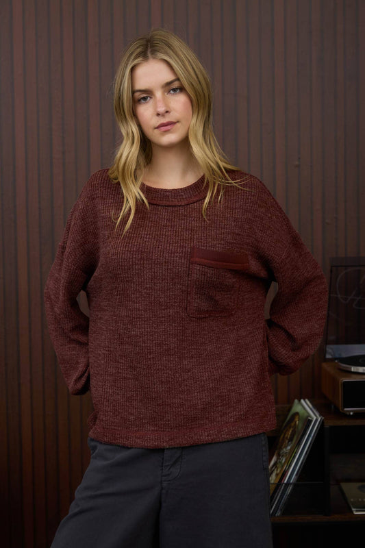 Joa Maroon Pocket Ribbed Sweater