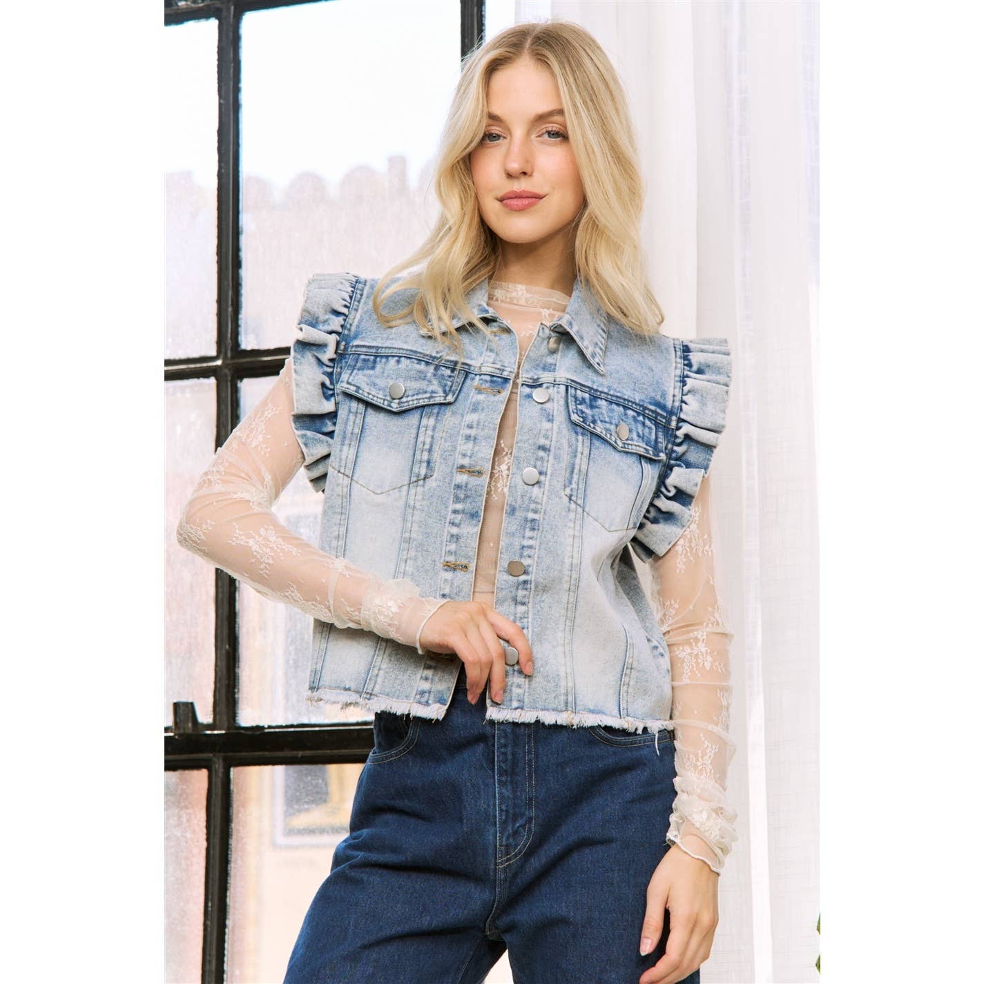 Sweet Generis - DENIM WASH VEST JACKET with ARMHOLE RUFFLE DETAILS