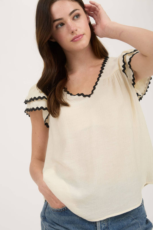 Vneck Wavy Trim Ruffle Sleeve Top