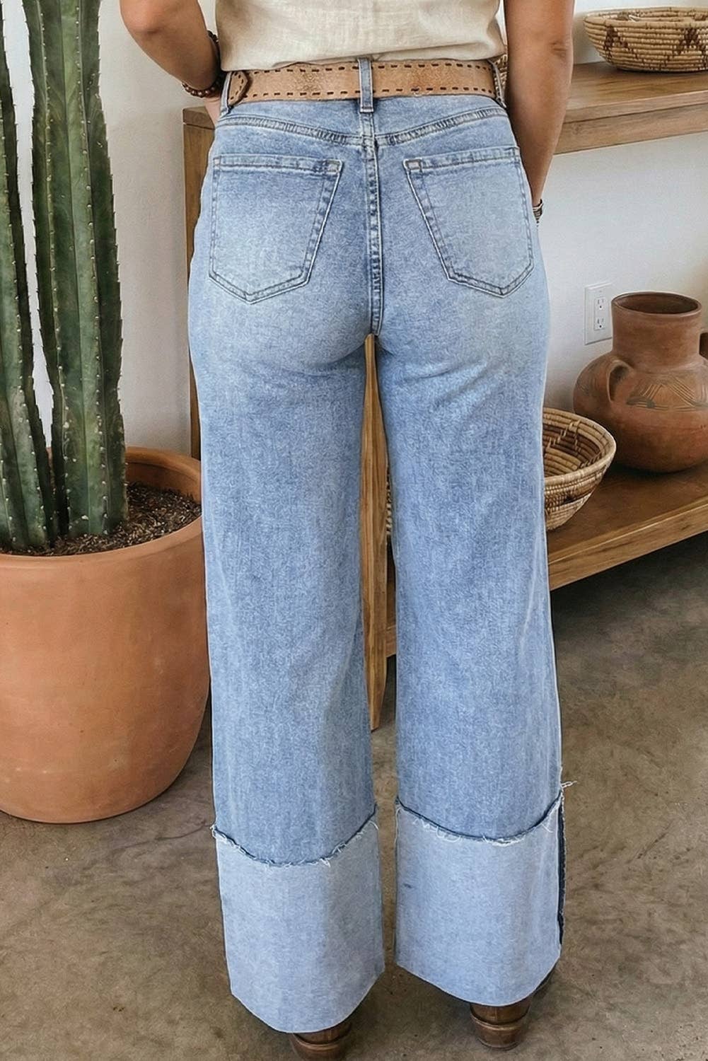 Little Daisy Closet - LDC Button Solid Turn-up Cuffs Wide Leg Jeans