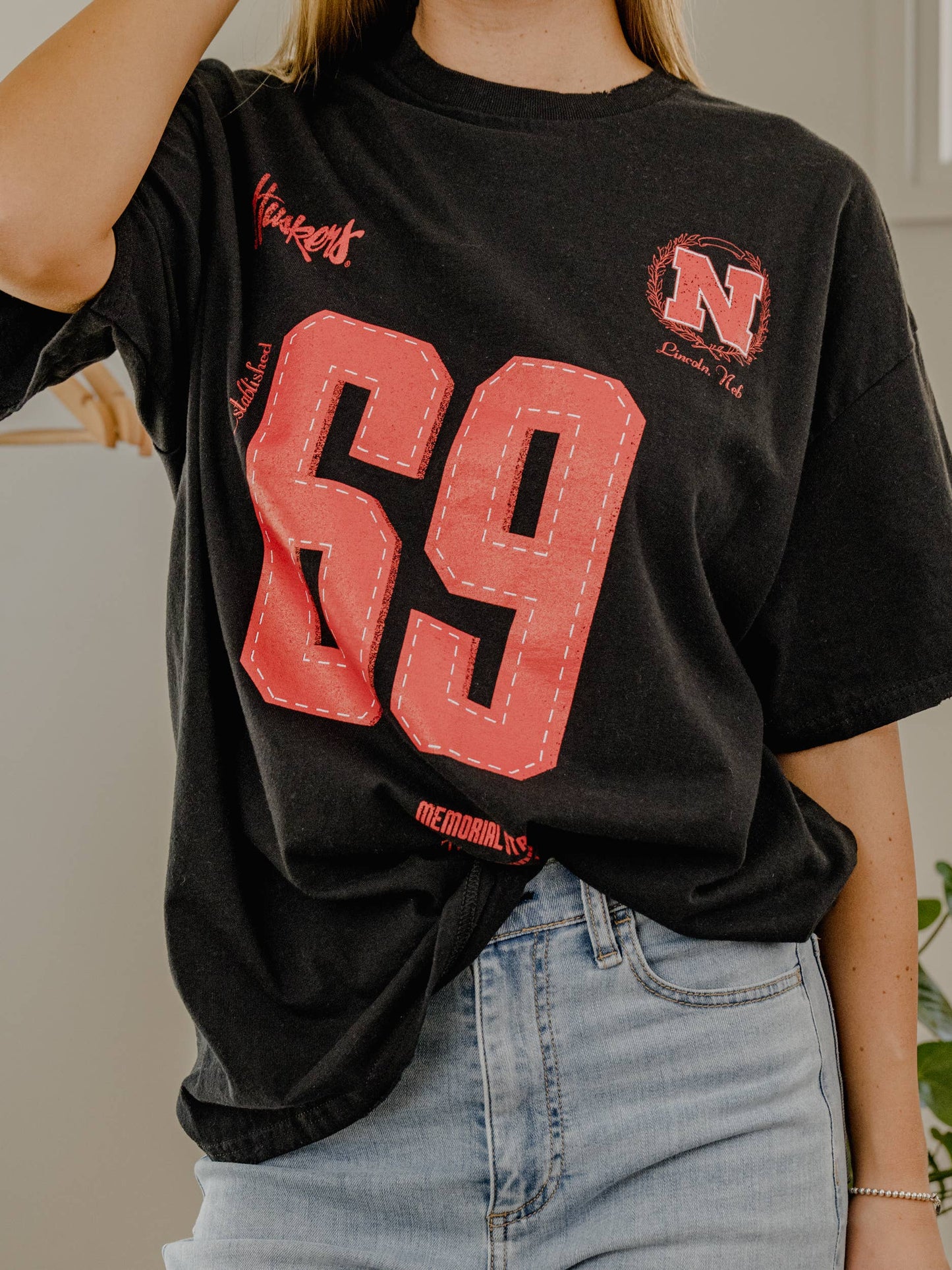 LivyLu - Nebraska Corn Huskers Crest Stamp Black Thrifted Tee