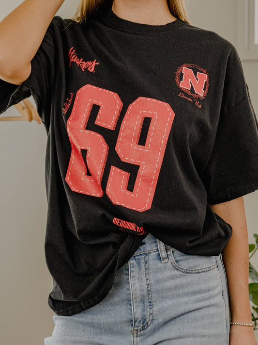 LivyLu - Nebraska Corn Huskers Crest Stamp Black Thrifted Tee