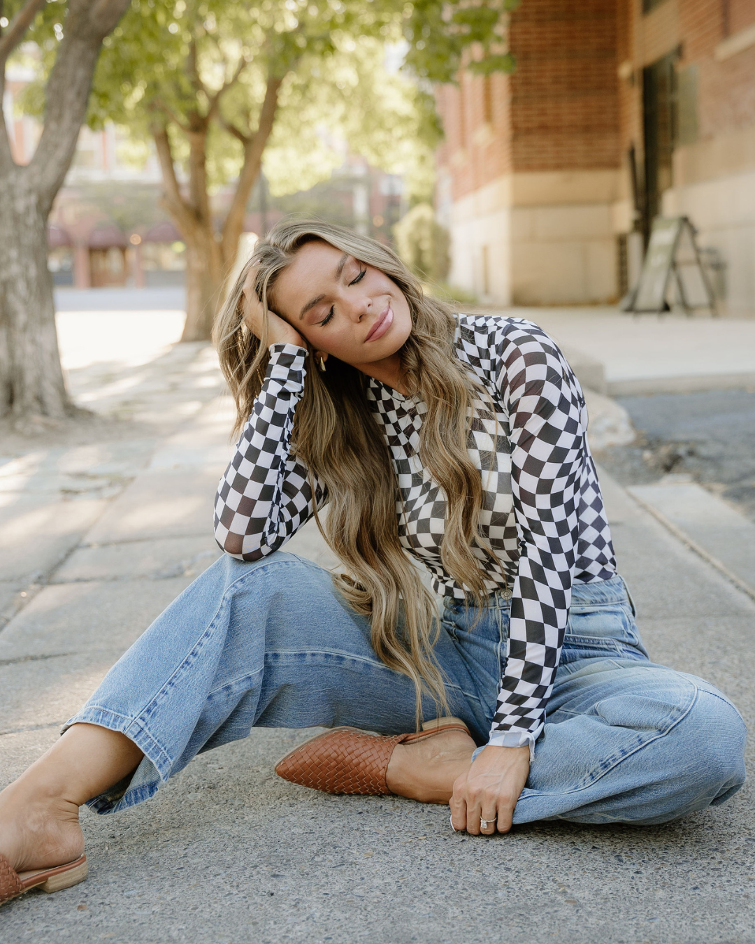 Indie & Co.-Checkered Mesh Long Sleeve Top