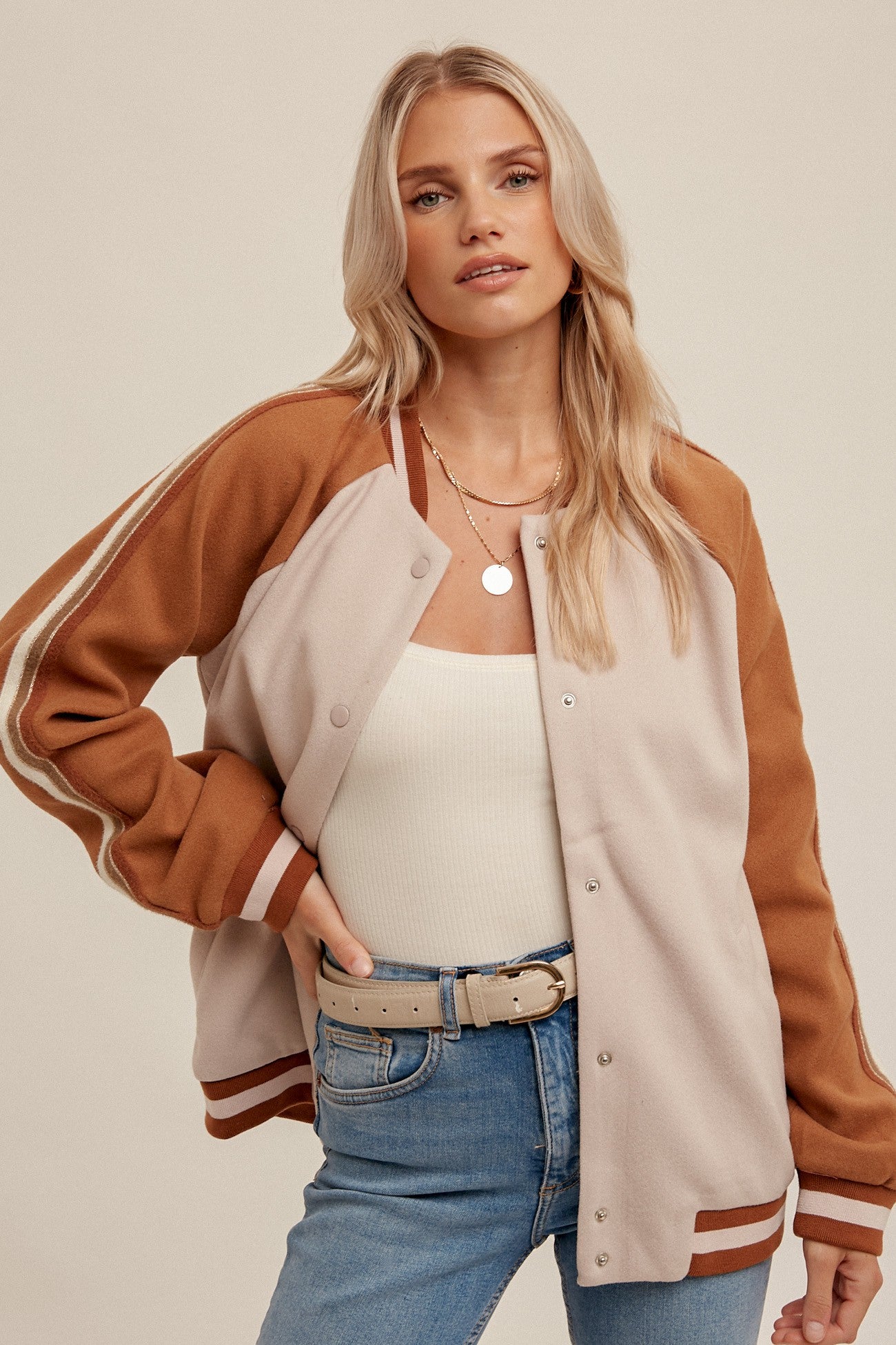 Stripe Trim Contrast Varsity Jacket