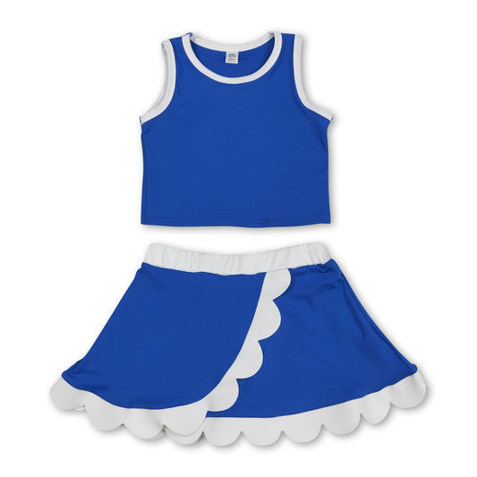 Yawoo Garments - Sleeveless blue white scallop girls team active wear set