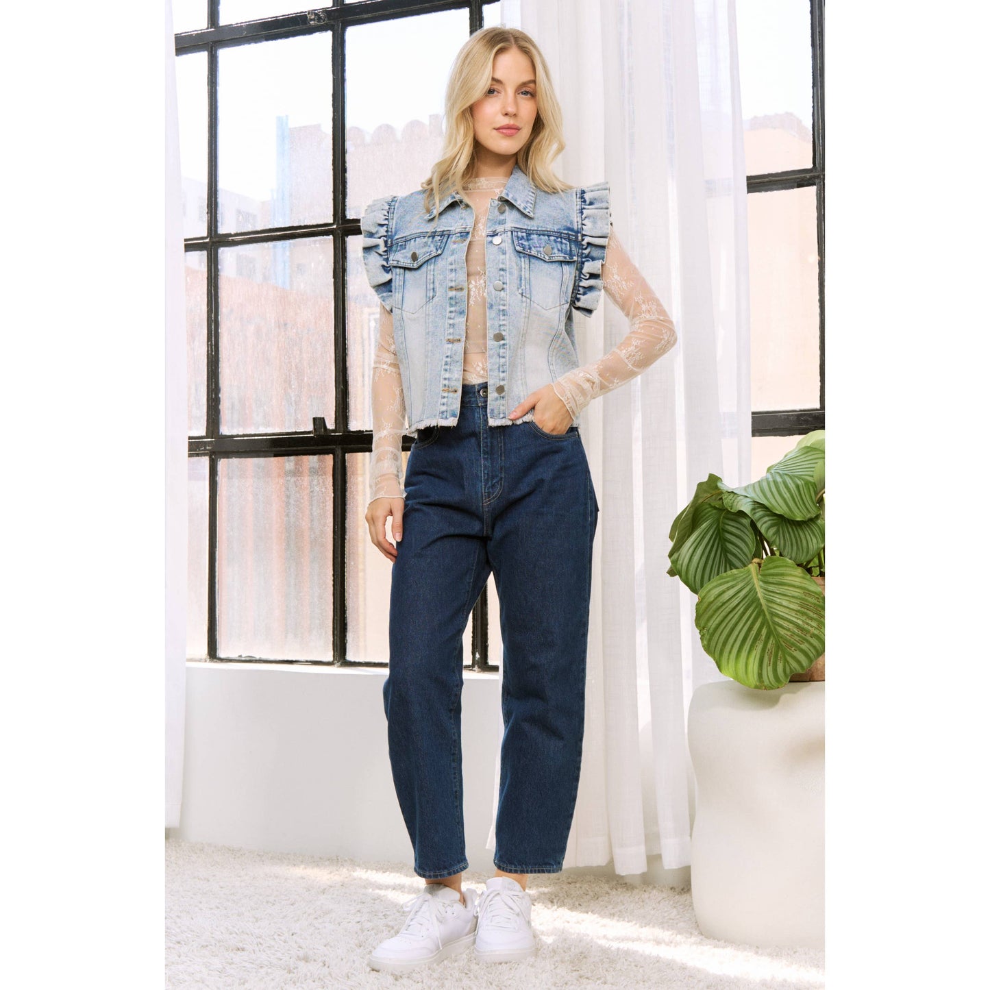 Sweet Generis - DENIM WASH VEST JACKET with ARMHOLE RUFFLE DETAILS