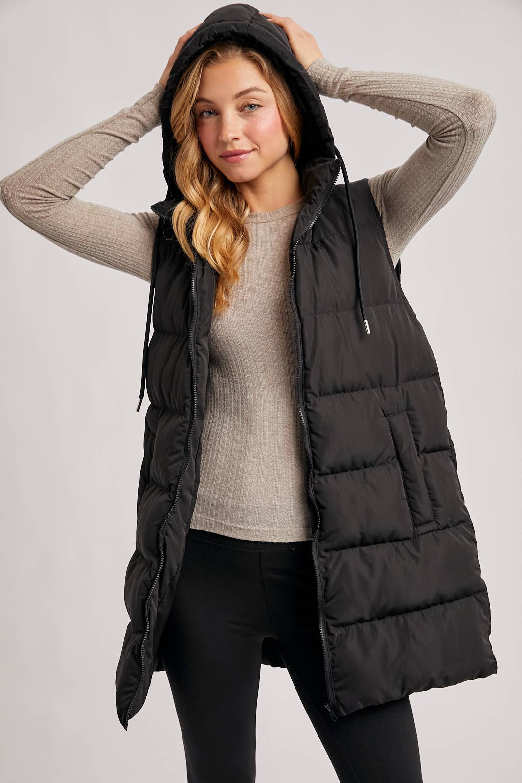 Hooded Down Long Line Puffer Vest