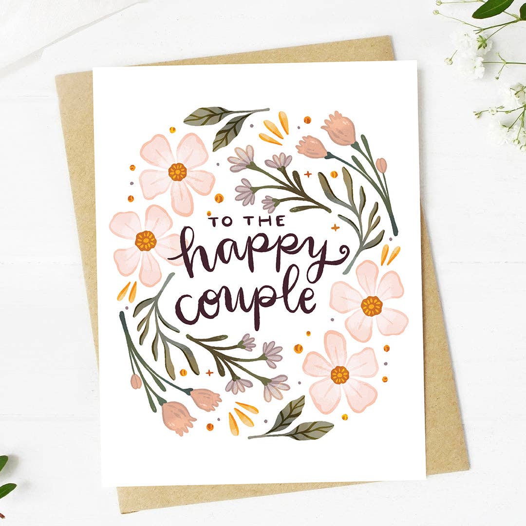 Big Moods - "To the happy couple" Pink Florals Cursive Text Wedding Card