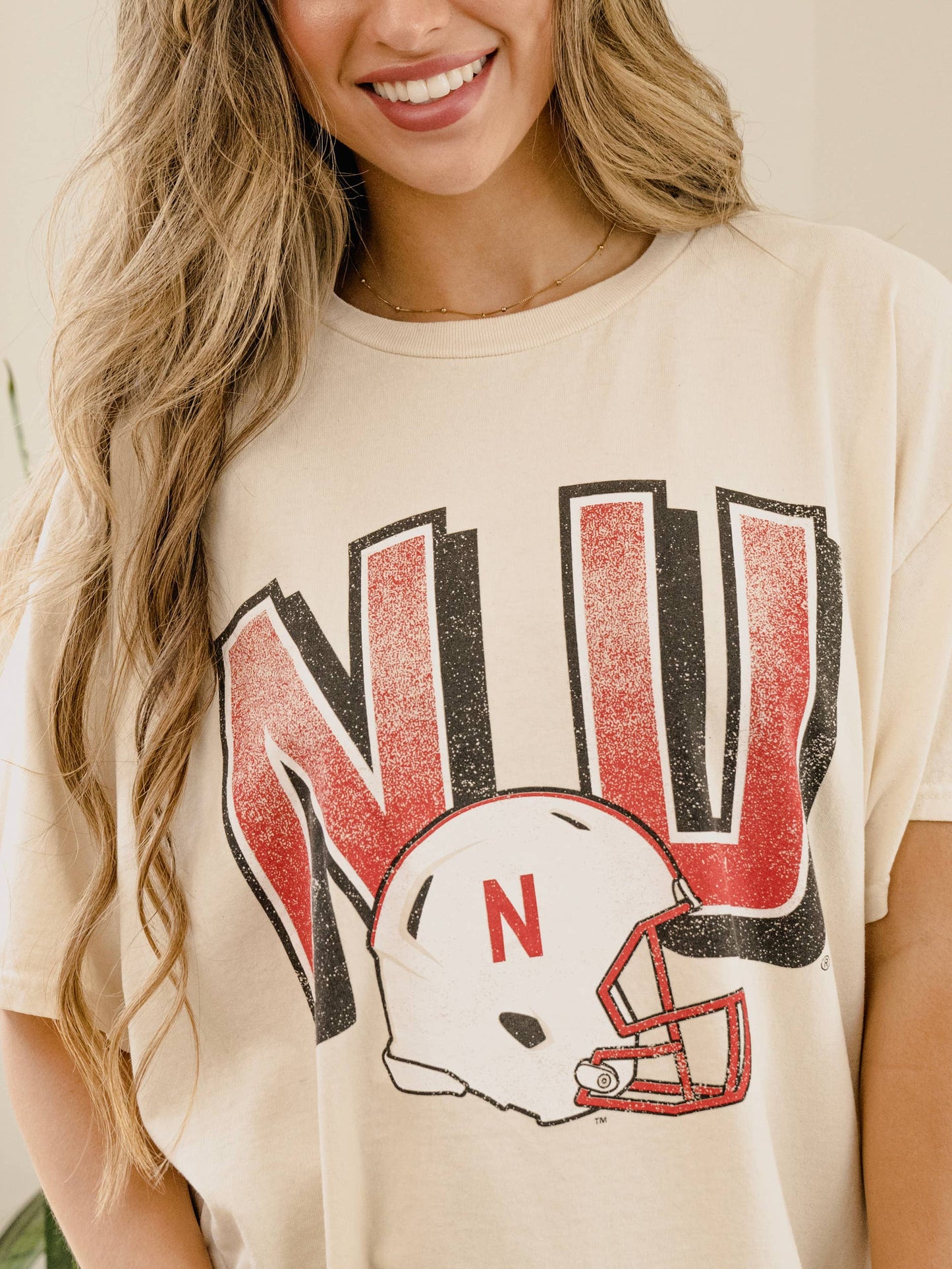 LivyLu - Nebraska Huskers Helmet Fade Off White Thrifted Tee