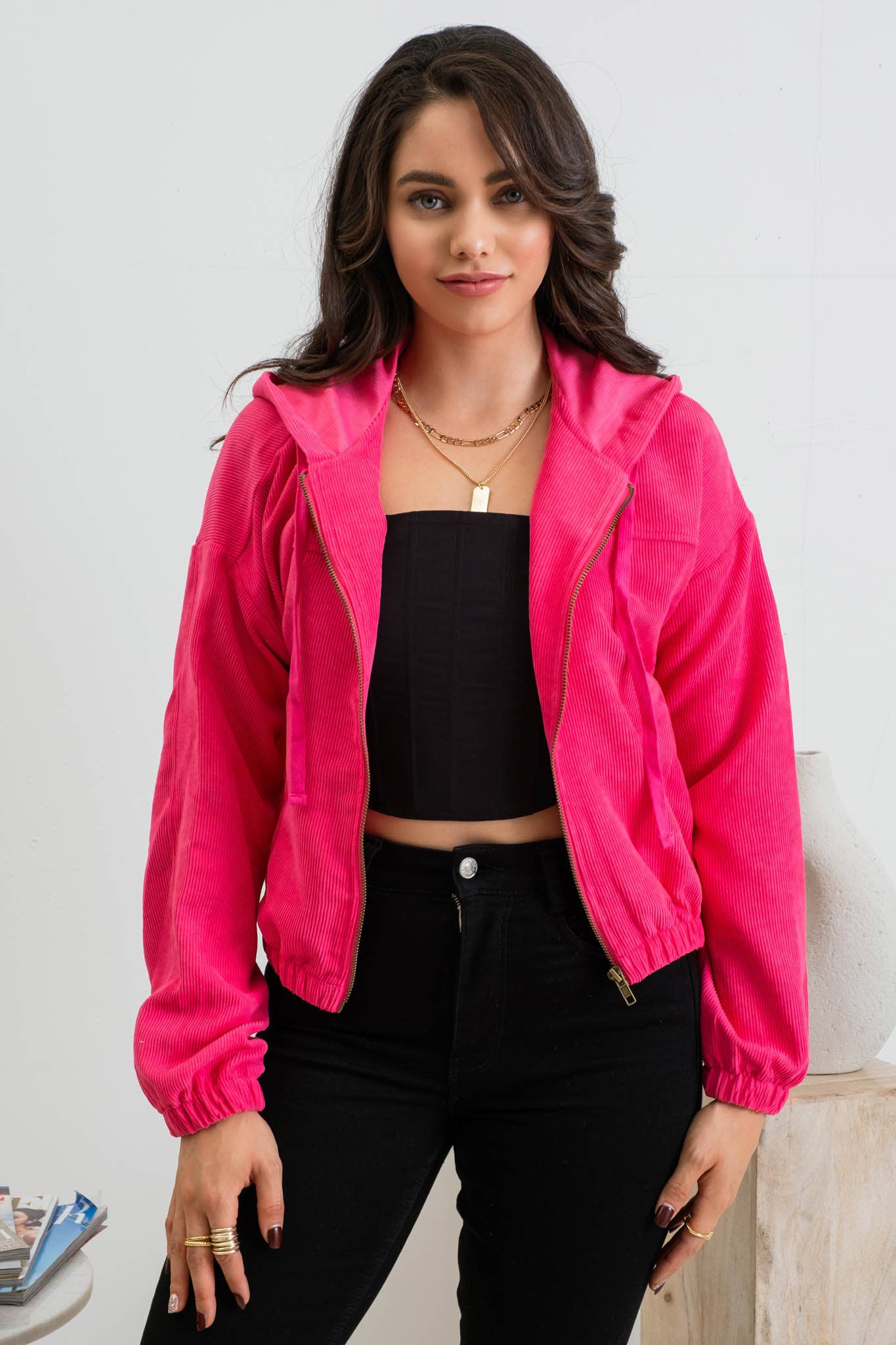 Fuchsia Corduroy Zip Up Jacket