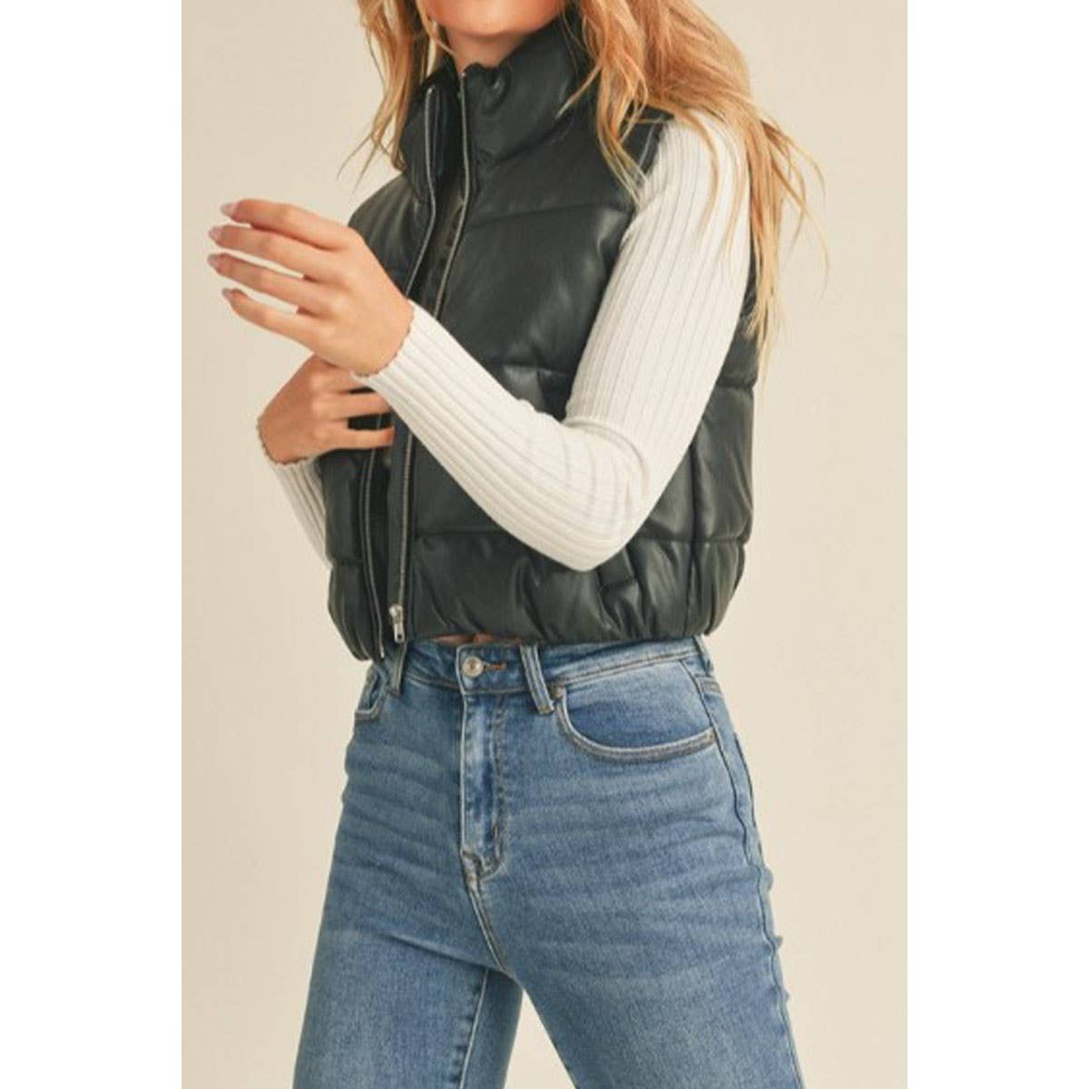 Faux Leather Black Puffer Vest