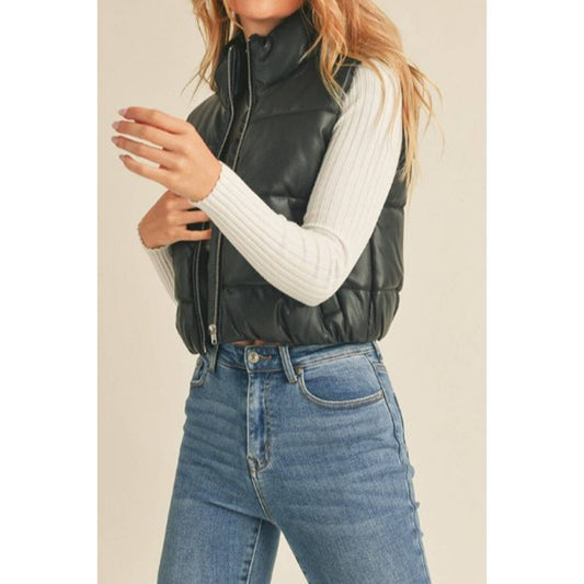 Faux Leather Black Puffer Vest
