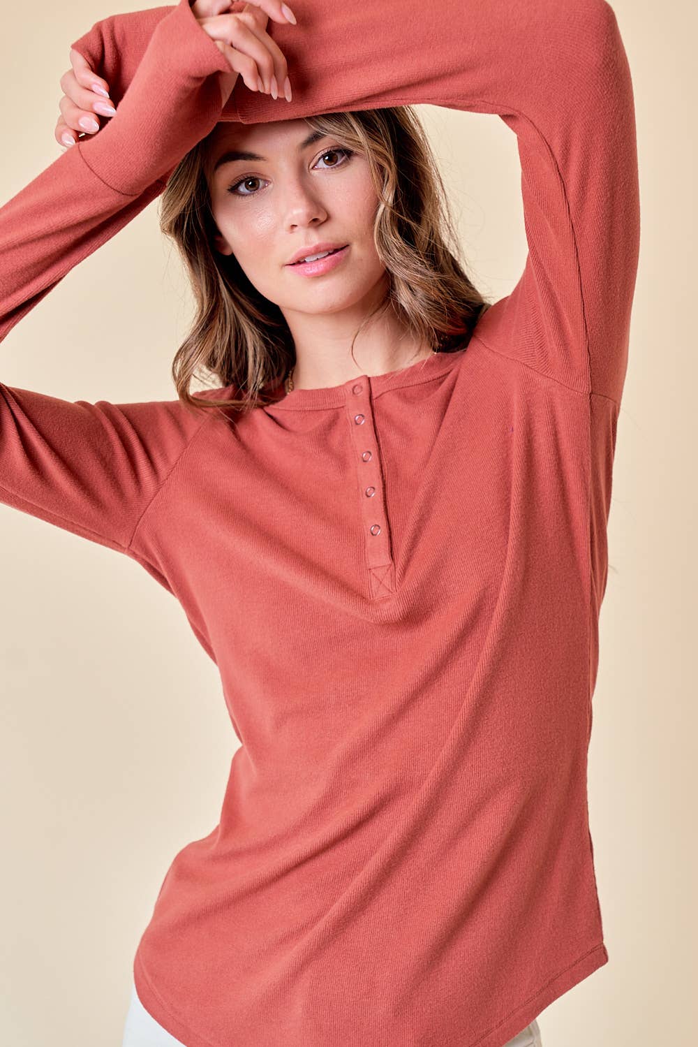 Brushed Rib Henley Top in Rosewood